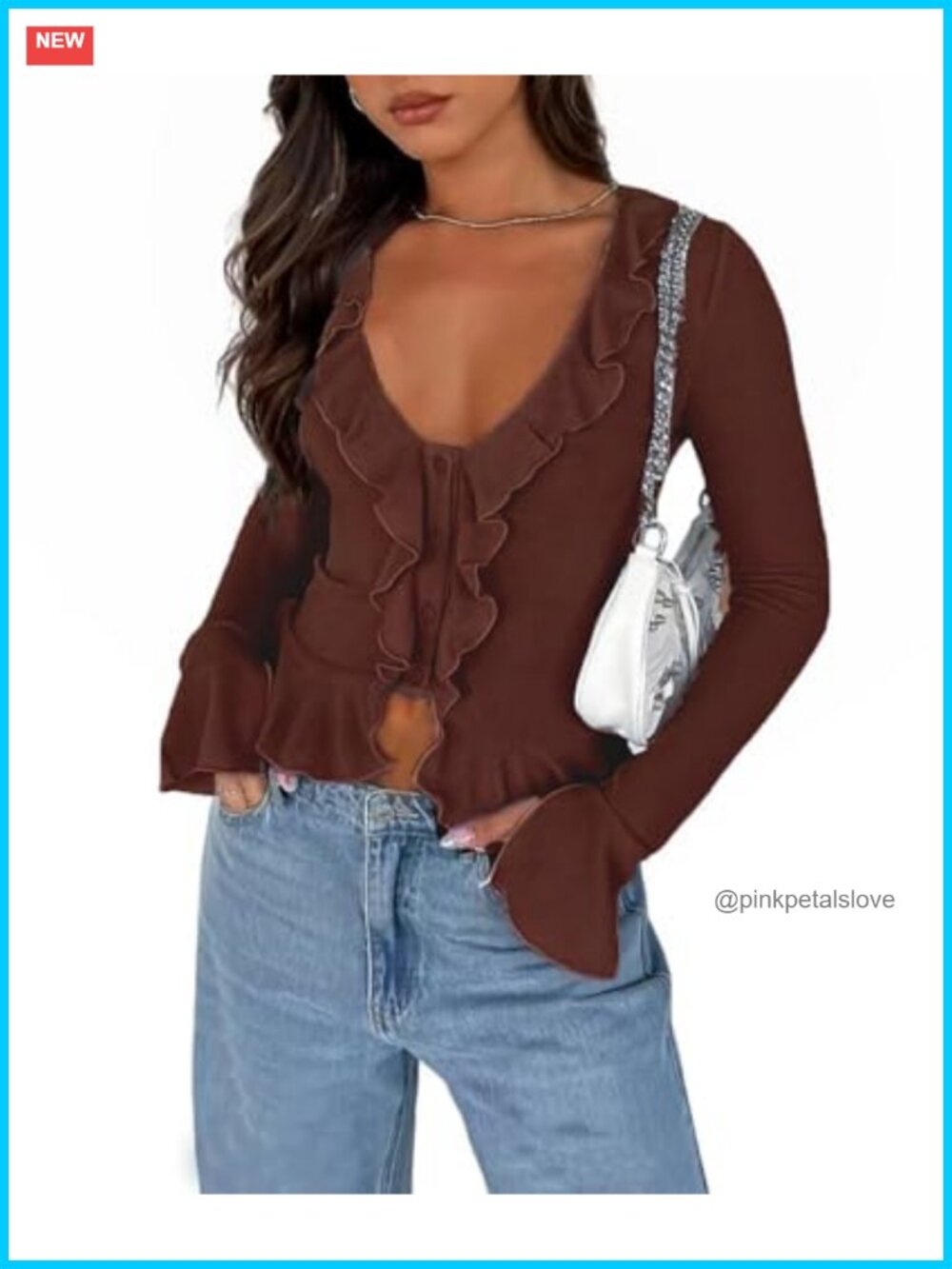 Women Deep V Neck Bell Sleeve Button Down Ruffle Crop Blouse